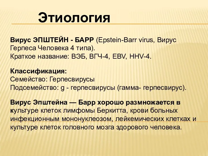 Этиология Вирус ЭПШТЕЙН - БАРР (Epstein-Barr virus, Вирус Герпеса Человека 4 типа). Краткое