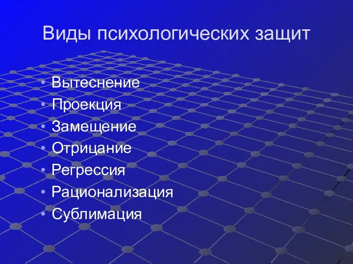 Вытеснение Проекция Замещение Отрицание Регрессия Рационализация Сублимация Виды психологических защит