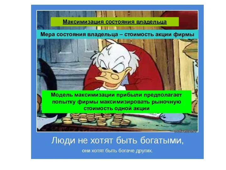 Максимизация состояния владельца Мера состояния владельца – стоимость акции фирмы