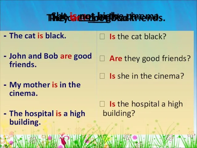 The cat is black. John and Bob are good friends.