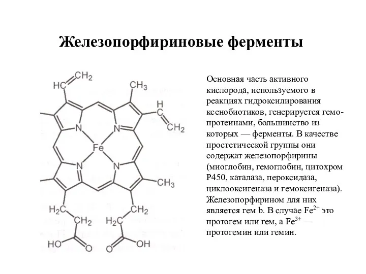 Железопорфириновые ферменты Основная часть активного кислорода, используемого в реакциях гидроксилирования