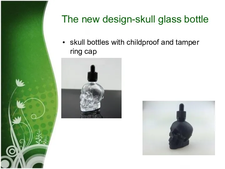 The new design-skull glass bottle skull bottles with childproof and tamper ring cap
