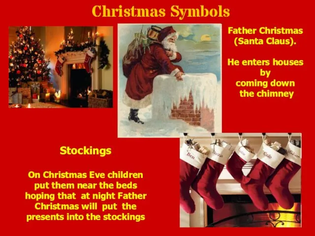 Christmas Symbols Father Christmas (Santa Claus). He enters houses by