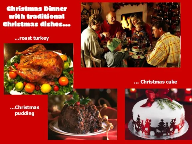 Christmas Dinner with traditional Christmas dishes… …roast turkey …Christmas pudding … Christmas cake