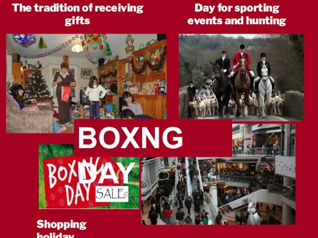 Shopping holiday Day for sporting events and hunting The tradition of receiving gifts BOXNG DAY