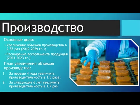 Производство Основные цели: Увеличение объемов производства в 2,55 раз (2019-2029