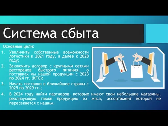 Система сбыта Основные цели: Увеличить собственные возможности логистики к 2021