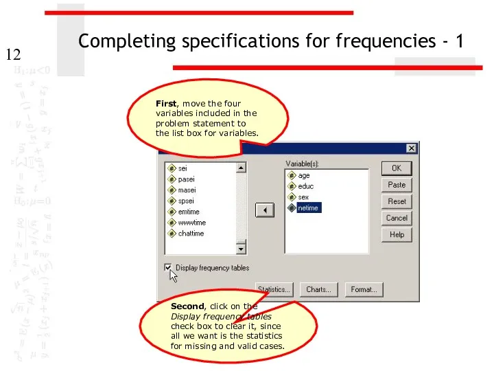 Completing specifications for frequencies - 1 Second, click on the