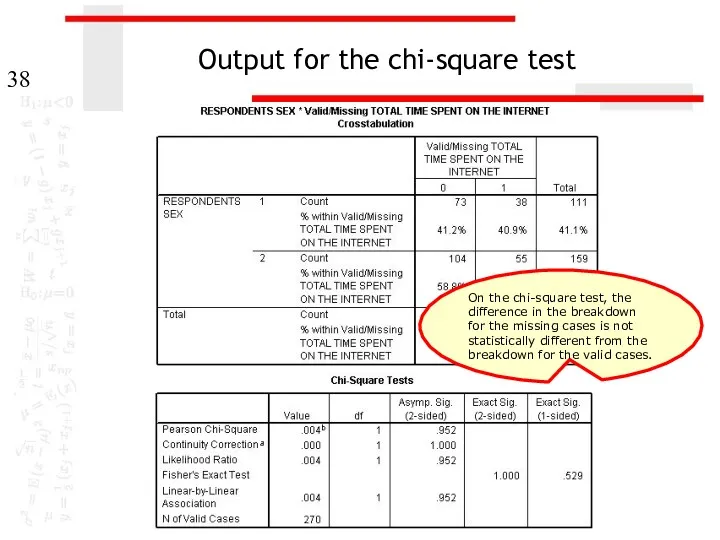 Output for the chi-square test On the chi-square test, the