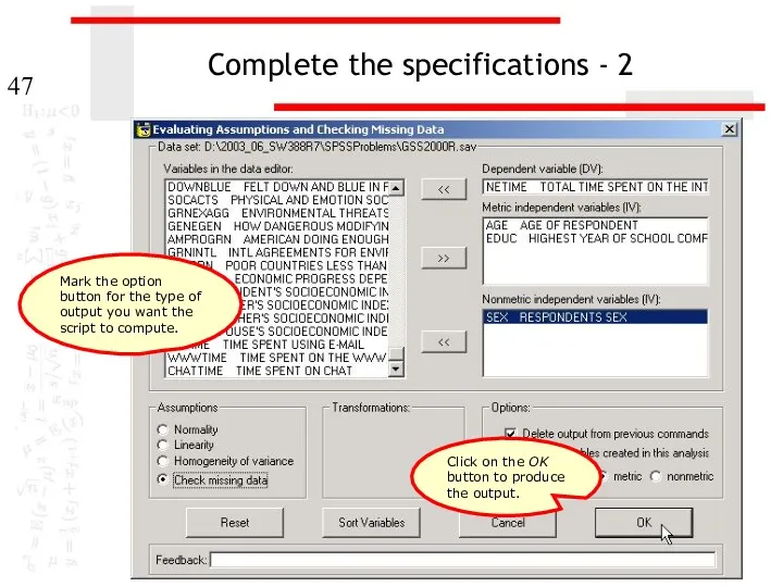 Complete the specifications - 2 Mark the option button for