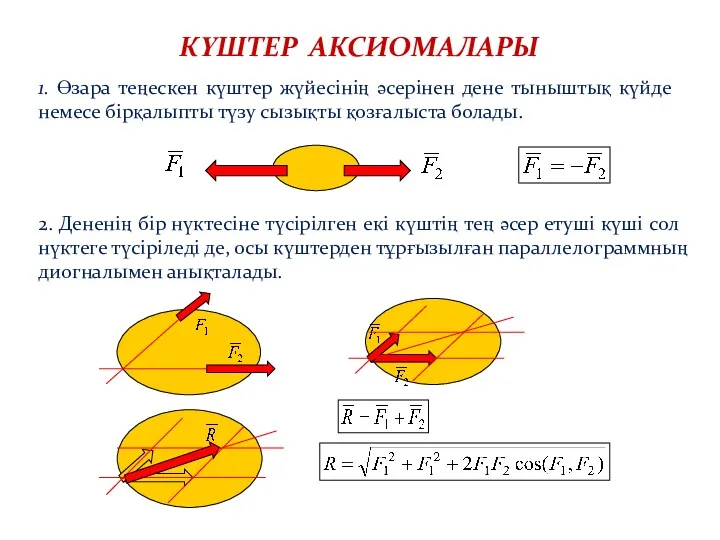 КҮШТЕР АКСИОМАЛАРЫ 1. Өзара теңескен күштер жүйесінің әсерінен дене тыныштық күйде немесе бірқалыпты