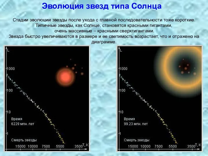Стадии эволюции звезды после ухода с главной последовательности тоже короткие. Типичные звезды, как