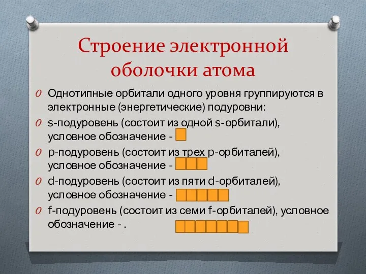 Строение электронной оболочки атома Однотипные орбитали одного уровня группируются в