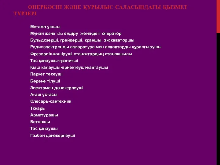 ӨНЕРКӘСІП ЖӘНЕ ҚҰРЫЛЫС САЛАСЫНДАҒЫ ҚЫЗМЕТ ТҮРЛЕРІ Металл ұюшы Мұнай және