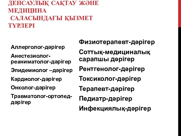 ДЕНСАУЛЫҚ САҚТАУ ЖӘНЕ МЕДИЦИНА САЛАСЫНДАҒЫ ҚЫЗМЕТ ТҮРЛЕРІ Аллерголог-дәрігер Анестезиолог-реаниматолог-дәрігер Эпидемиолог