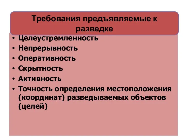 Целеустремленность Непрерывность Оперативность Скрытность Активность Точность определения местоположения (координат) разведываемых объектов (целей) Требования предъявляемые к разведке