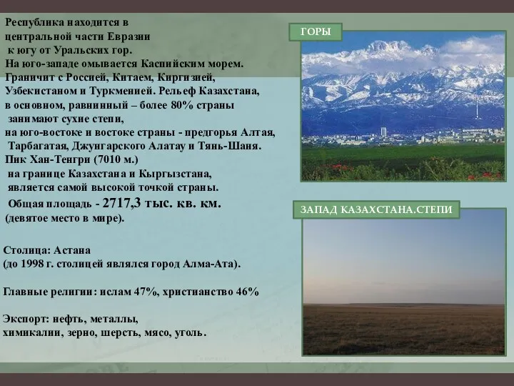 Республика находится в центральной части Евразии к югу от Уральских