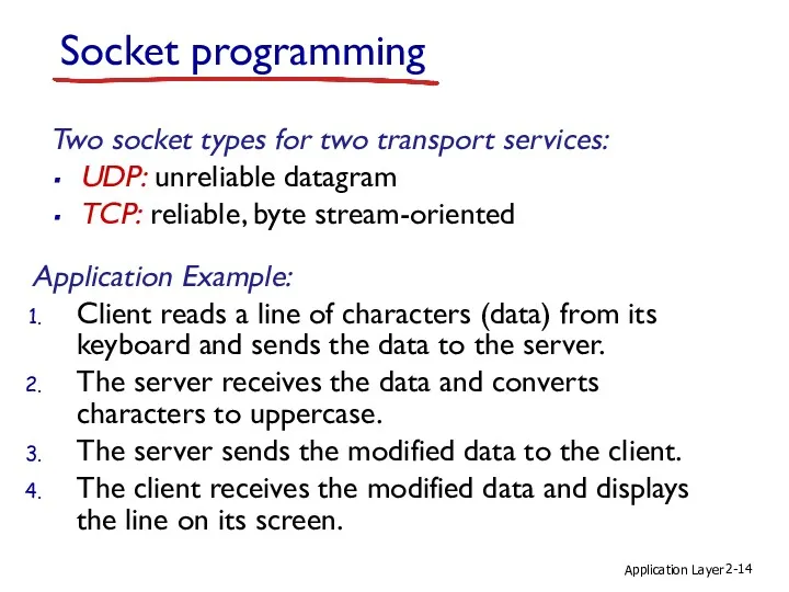 Application Layer 2- Socket programming Two socket types for two transport services: UDP: