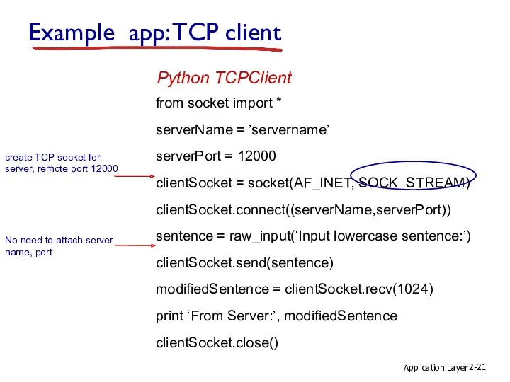 Application Layer 2- Example app: TCP client from socket import * serverName =