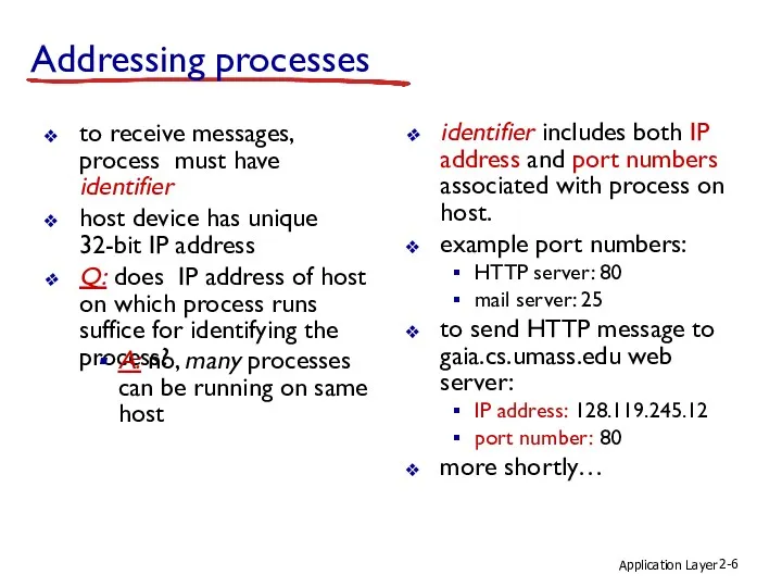 Application Layer 2- Addressing processes to receive messages, process must have identifier host