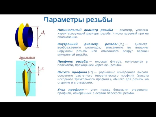 Параметры резьбы Номинальный диаметр резьбы — диаметр, условно характеризующий размеры