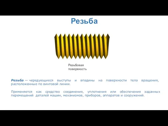 Резьба Резьбовая поверхность Резьба — чередующиеся выступы и впадины на