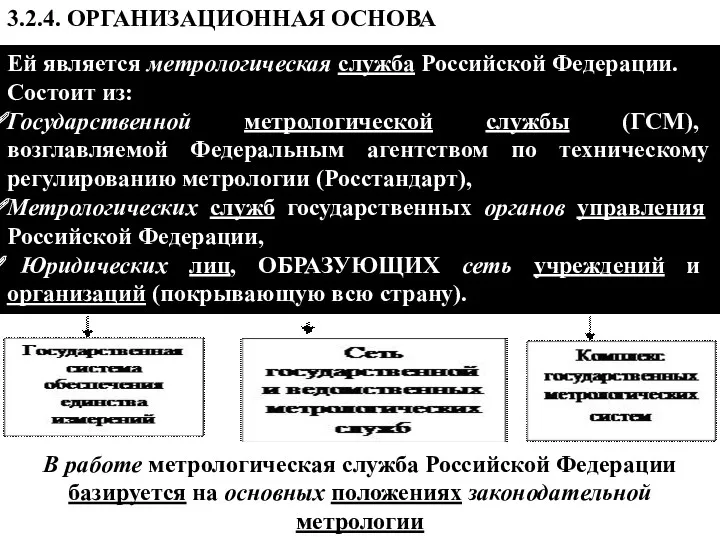Ей является метрологическая служба Российской Федерации. Состоит из: Государственной метрологической