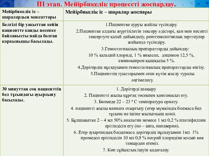 III этап. Мейірбикелік процессті жоспарлау.