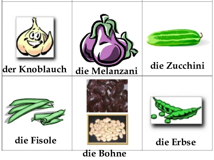 der Knoblauch die Melanzani die Zucchini die Fisole die Bohne die Erbse