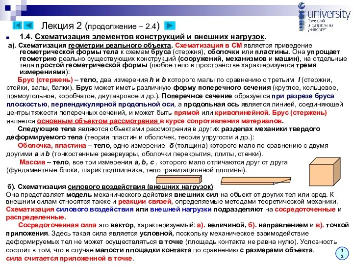 Лекция 2 (продолжение – 2.4) 13 1.4. Схематизация элементов конструкций