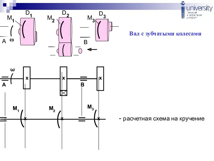 Вал с зубчатыми колесами D3 D1 D2 ω М1 М2