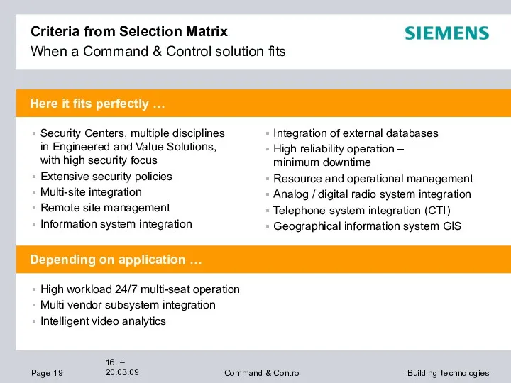 Criteria from Selection Matrix When a Command & Control solution