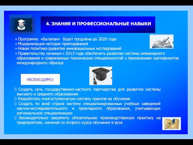 4. ЗНАНИЯ И ПРОФЕССИОНАЛЬНЫЕ НАВЫКИ Программа «Балапан» будет продлена до