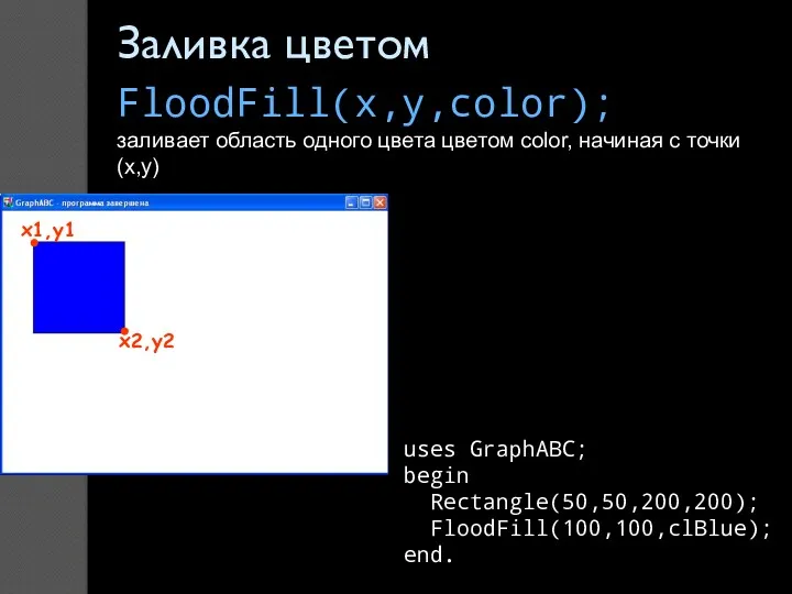 Заливка цветом FloodFill(x,y,color); заливает область одного цвета цветом color, начиная