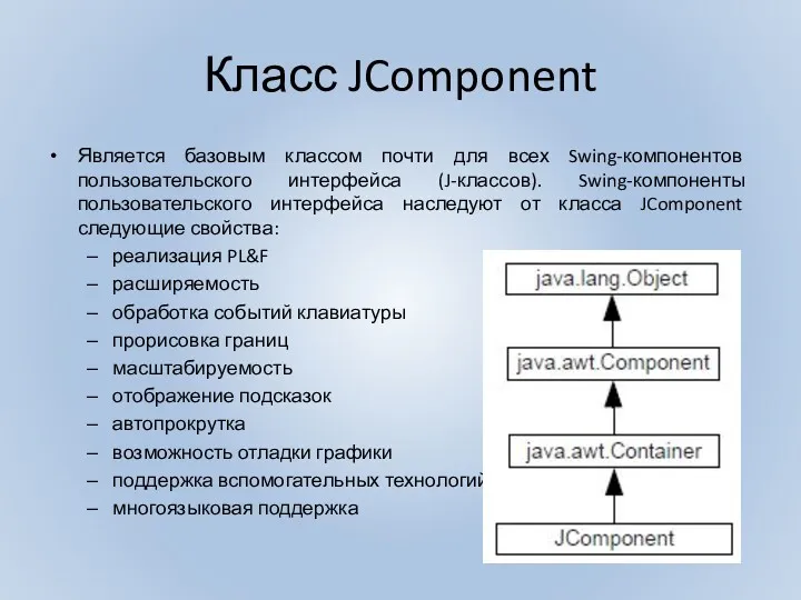 Класс JComponent Является базовым классом почти для всех Swing-компонентов пользовательского