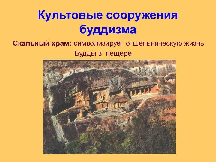 Культовые сооружения буддизма Скальный храм: символизирует отшельническую жизнь Будды в пещере
