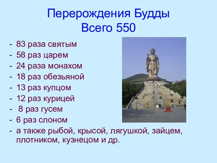 Перерождения Будды Всего 550 83 раза святым 58 раз царем 24 раза монахом