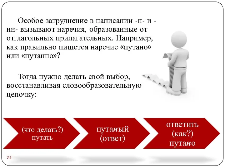 Особое затруднение в написании -н- и -нн- вызывают наречия, образованные