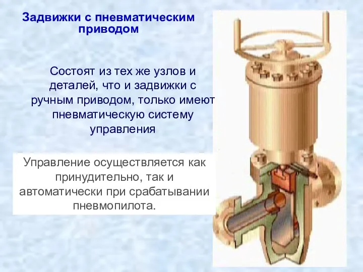 Задвижки с пневматическим приводом Состоят из тех же узлов и деталей, что и