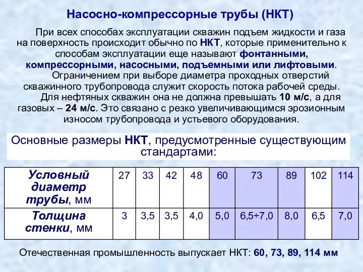 Отечественная промышленность выпускает НКТ: 60, 73, 89, 114 мм При всех способах эксплуатации