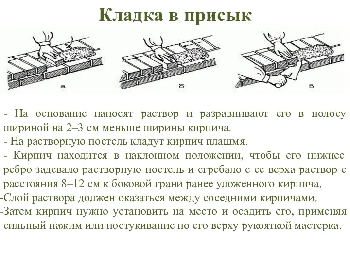 Кладка в присык - На основание наносят раствор и разравнивают