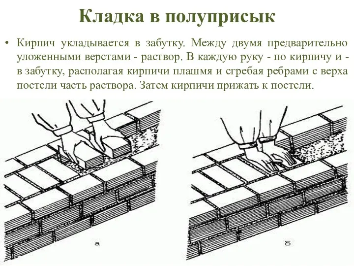 Кладка в полуприсык Кирпич укладывается в забутку. Между двумя предварительно