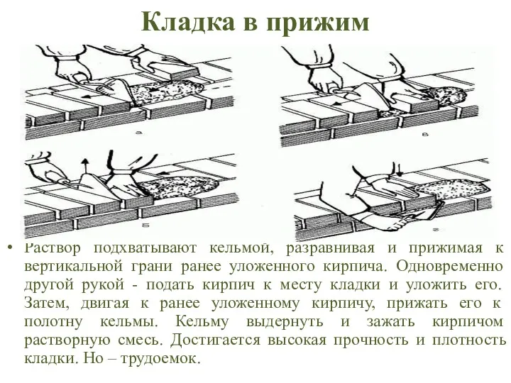 Кладка в прижим Раствор подхватывают кельмой, разравнивая и прижимая к