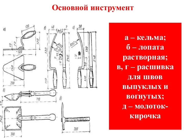 Основной инструмент а – кельма; б – лопата растворная; в,