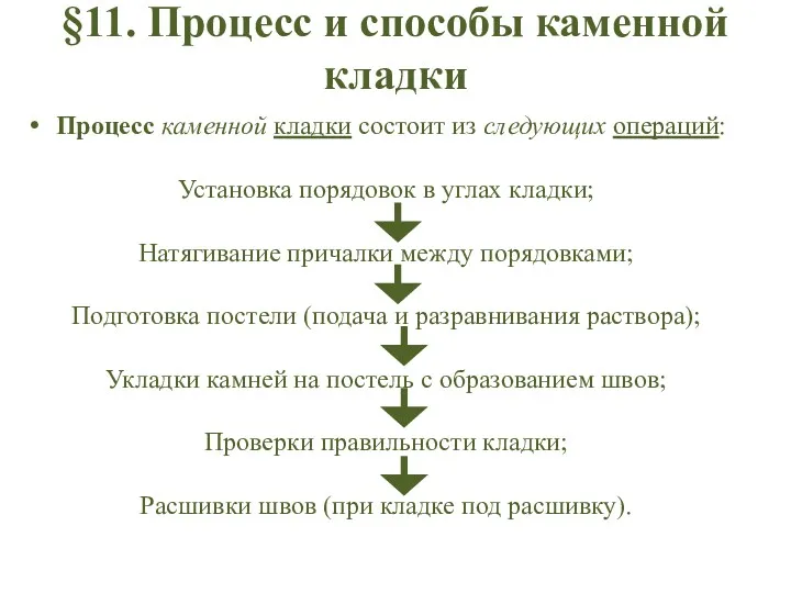 §11. Процесс и способы каменной кладки Процесс каменной кладки состоит