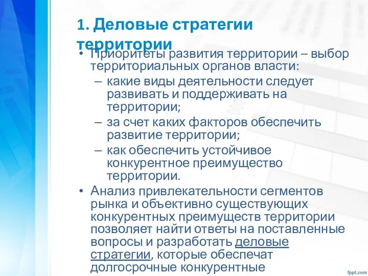 1. Деловые стратегии территории Приоритеты развития территории – выбор территориальных