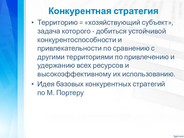 Конкурентная стратегия Территорию = «хозяйствующий субъект», задача которого - добиться