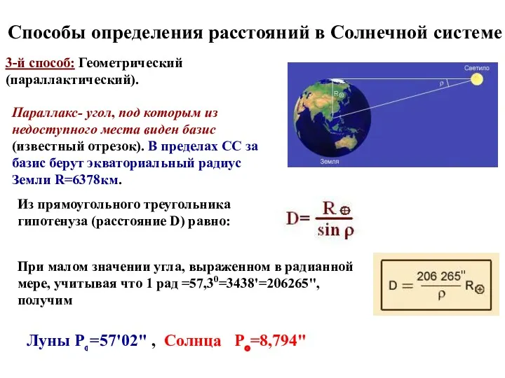 Способы определения расстояний в Солнечной системе 3-й способ: Геометрический (параллактический).