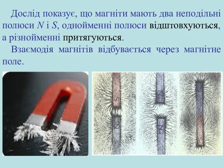 Дослід показує, що магніти мають два неподільні полюси N i