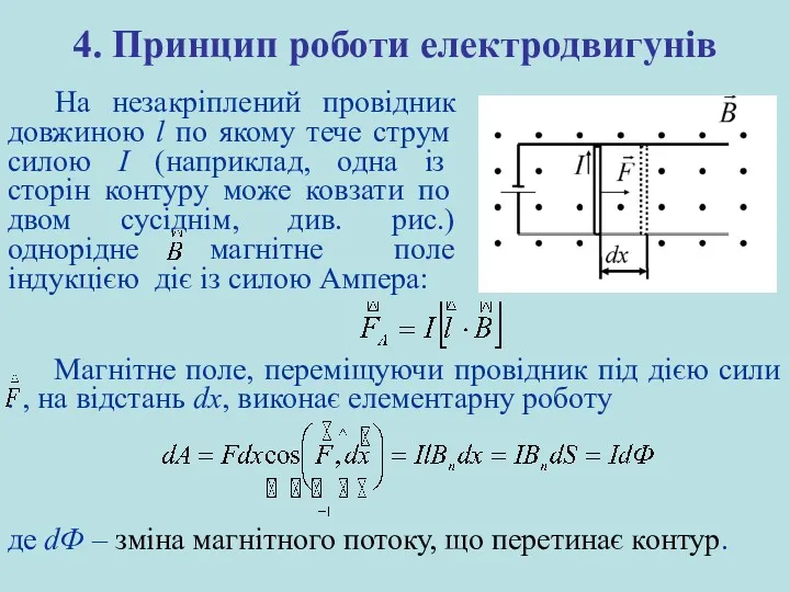 4. Принцип роботи електродвигунів На незакріплений провідник довжиною l по